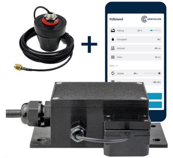Füllstandsmesser in schwarz mit externe Antenne und Ansicht der APP