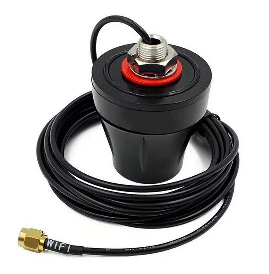 Schwarzer WiFi-Sensor mit langem Kabel und goldfarbenem Anschluss, zylindrisch geformt